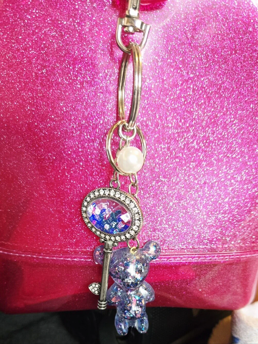 Handmade Blue Glitter Bear Keychain with Decorative Key Charm